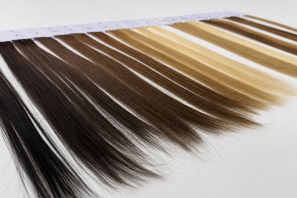 A close-up of different shades of high-quality human hair extensions held by a hair extension manufacturer
