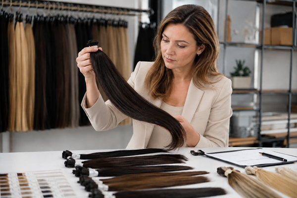 A hair extension expert carefully examining strands of hair from a reliable human hair extension supplier.