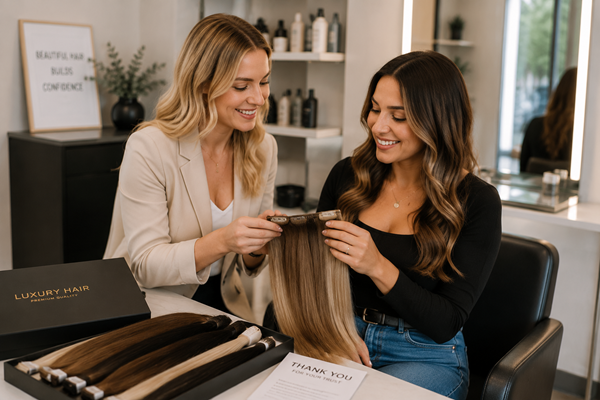 A salon owner and a happy client inspecting new, high-quality hair extensions, showcasing a successful outcome.