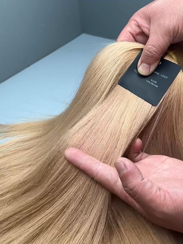 A technician meticulously checking the color and texture of finished hair extensions against a master sample