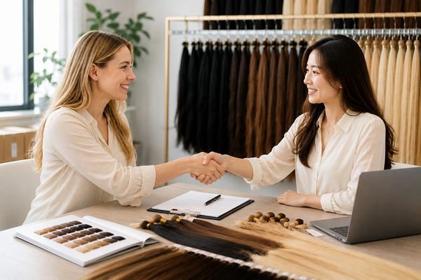 Two business professionals shaking hands, symbolizing a strong partnership with a hair extension manufacturer
